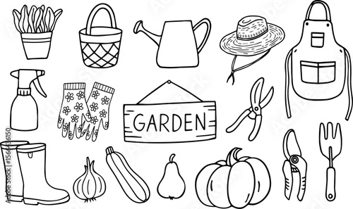 Garden tools, boots, gloves, basket, watering can, vegetables and fruits in hand-drawn doodle style, vector black thin line on white, clean simple aesthetic for prints, stickers, packaging