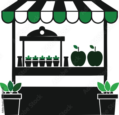 Farm stand with fresh produce and potted plants silhouette isolated on white background