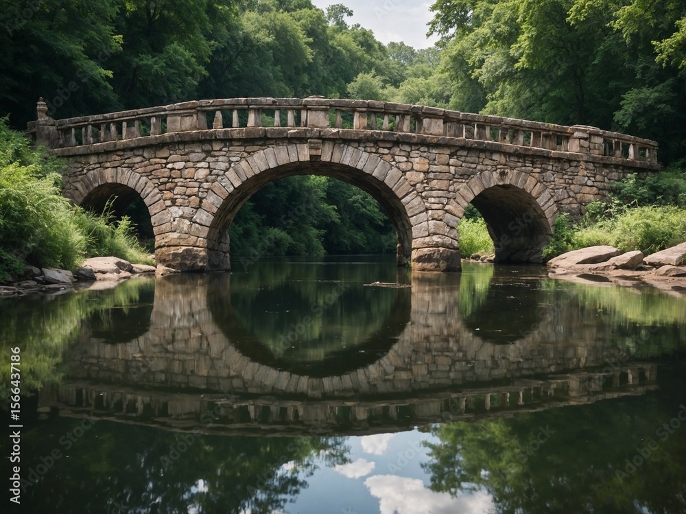 Fototapeta premium Old stone bridge crossing a calm river, lush greenery, reflection in water, daylight