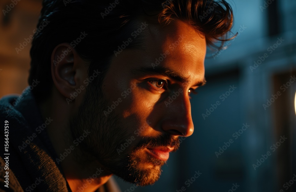 Man with dark hair and beard looks thoughtfully into distance with warm lighting on face against blurred background Man with dark hair and beard looks thoughtfully into distance with warm lighting on face against blurred background