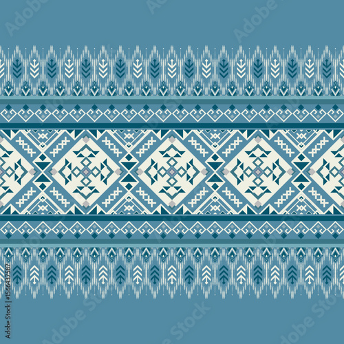  A tribal-style horizontal pattern with feather-like borders and diamond motifs in bold blue tones, ideal for textile and craft designs.
