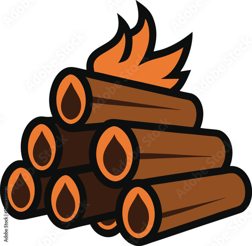 campfire with logs and flames isolated on white background