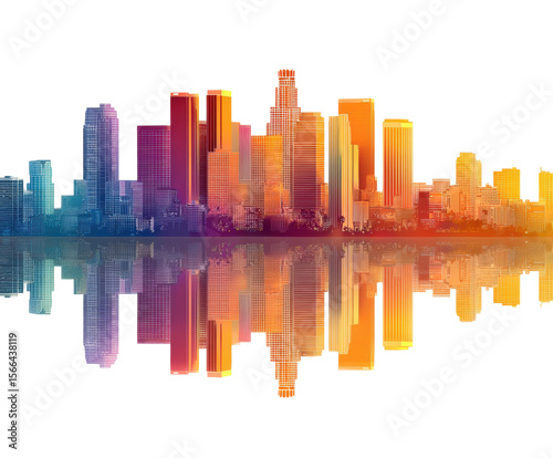 Vibrant sunset reflection over urban skyline downtown city digital colorful environment