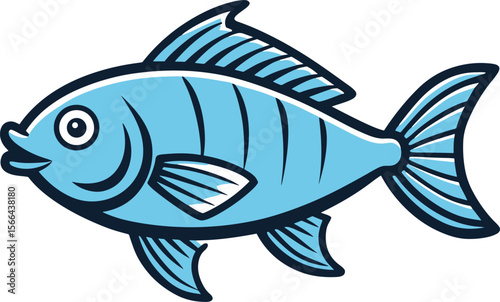 blue fish illustration with dark outline isolated on white background