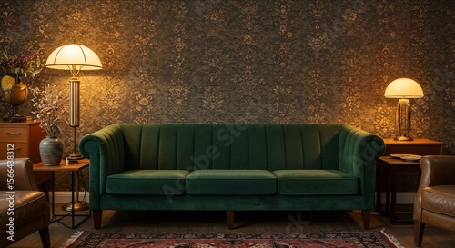 고풍스런 녹색 소파와 은은한 조명 아늑한 거실 풍경