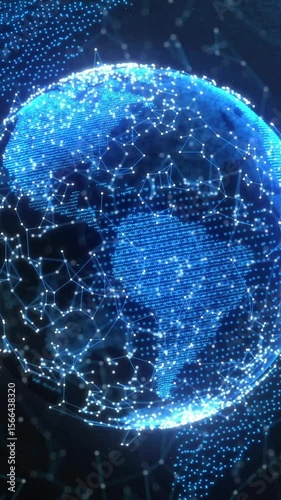 Rotating digital globe with interconnected nodes and lines, global network animation