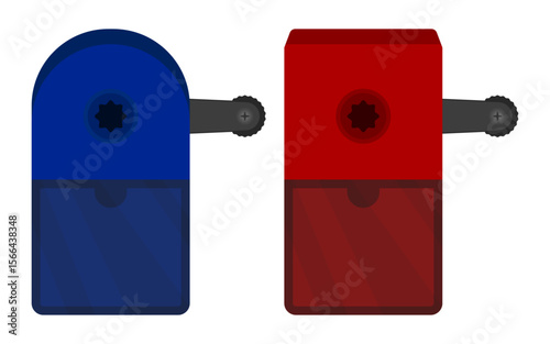 Flat vector of two desktop pencil sharpeners: one curved blue, one boxy red. Designed with depth and detail.