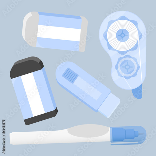 Pastel blue erasing tools collection including correction tapes, pens, and erasers. Soft vector with subtle light.