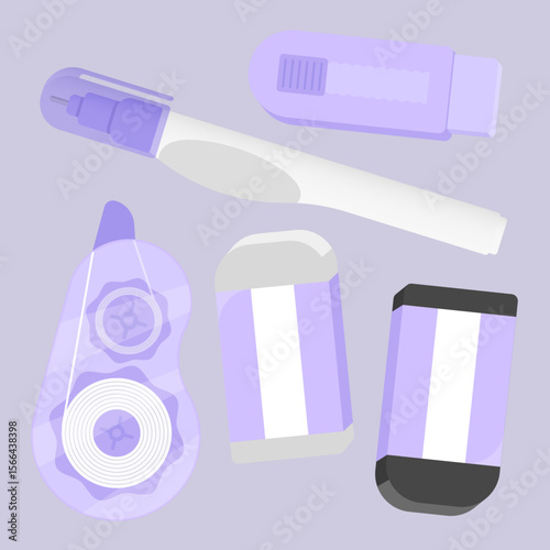 Flat vector of erasing tool set in purple pastel. Includes tapes, pens, erasers with clean and cute design.