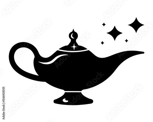 Magic lamp line art silhouette vector illustration. A black silhouette of an aladdin lamp with smoke coming out isolated on a white background art