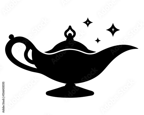 Magic lamp line art silhouette vector illustration. A black silhouette of an aladdin lamp with smoke coming out isolated on a white background art