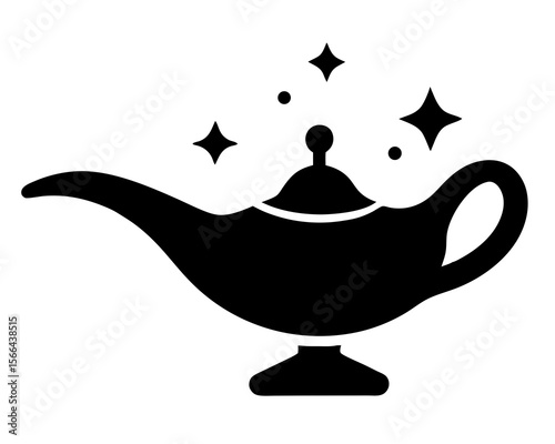 Magic lamp line art silhouette vector illustration. A black silhouette of an aladdin lamp with smoke coming out isolated on a white background art