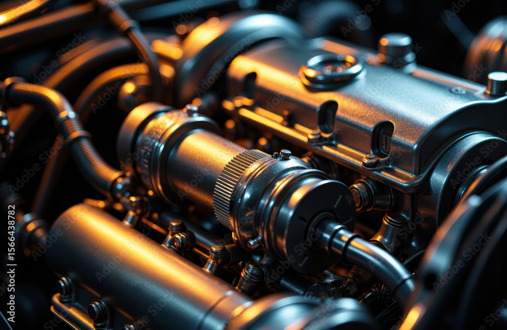 Fototapeta premium Close-up of a mechanical engine component with metallic pipes and fittings, illuminated by warm lighting highlighting the industrial details