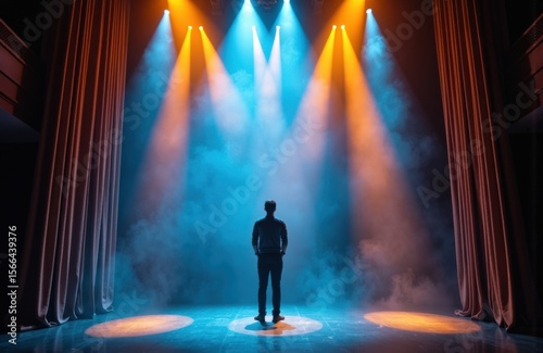 A lone performer stands on a stage illuminated by colorful spotlights and fog effects