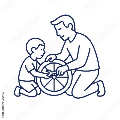 A father and son work together, depicted in a simple line art style, assembling a bicycle wheel, symbolizing bonding and shared learning experiences in a clean, white environment.