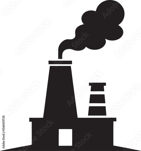 Factory chimney emitting smoke silhouette isolated on white background