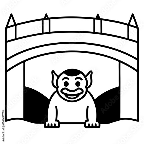 Troll under bridge line art vector illustration 