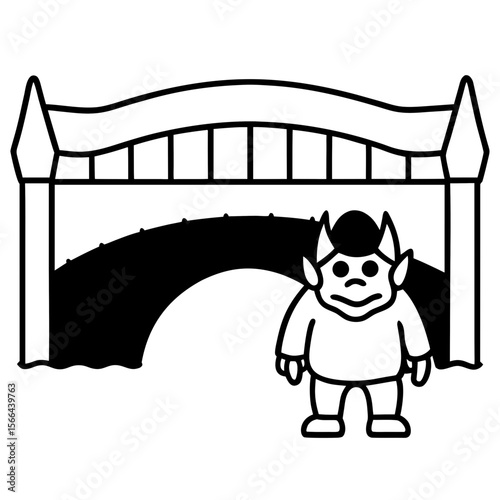 Troll under bridge line art vector illustration 