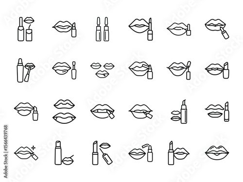 Lip Gloss Icon Bundle – Silhouettes Style Cosmetic Lipstick and Gloss Applicator Icons Featuring Lips and Makeup Elements on White Background

