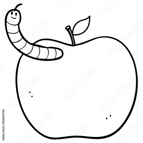 Worm on apple line art vector illustration 