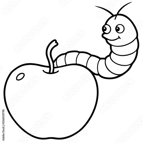 Worm on apple line art vector illustration 