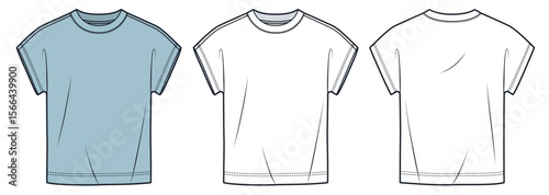 Basic T-shirt with Grown-on Sleeve Technical Fashion Illustration. Tee Shirt fashion flat technical drawing template, front and back view, white, blue, crew neck, women, men, unisex Top CAD mockup.