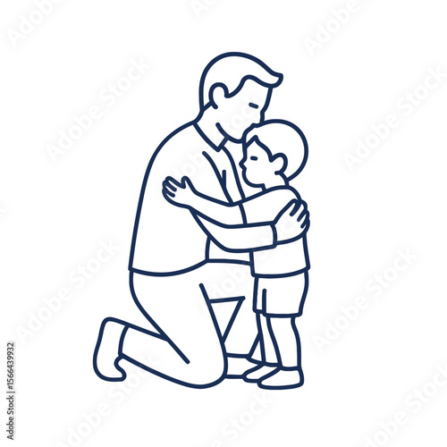 A heartwarming minimalist line art illustration depicts a loving father embracing his young child, symbolizing family bonding and parental care.