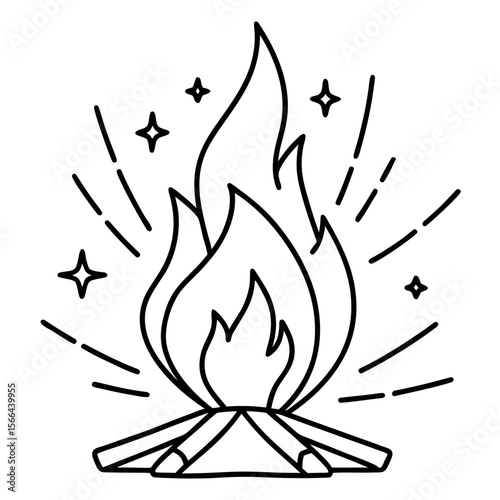 Campfire with sparks line art vector illustration 