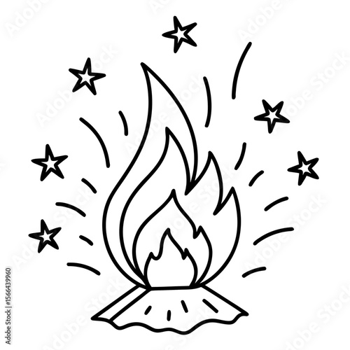 Campfire with sparks line art vector illustration 