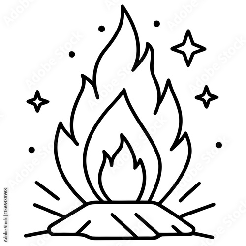 Campfire with sparks line art vector illustration 