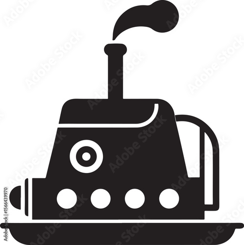 black silhouette of a steamship emitting smoke isolated on white background