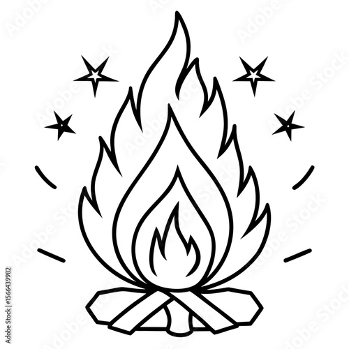 Campfire with sparks line art vector illustration 