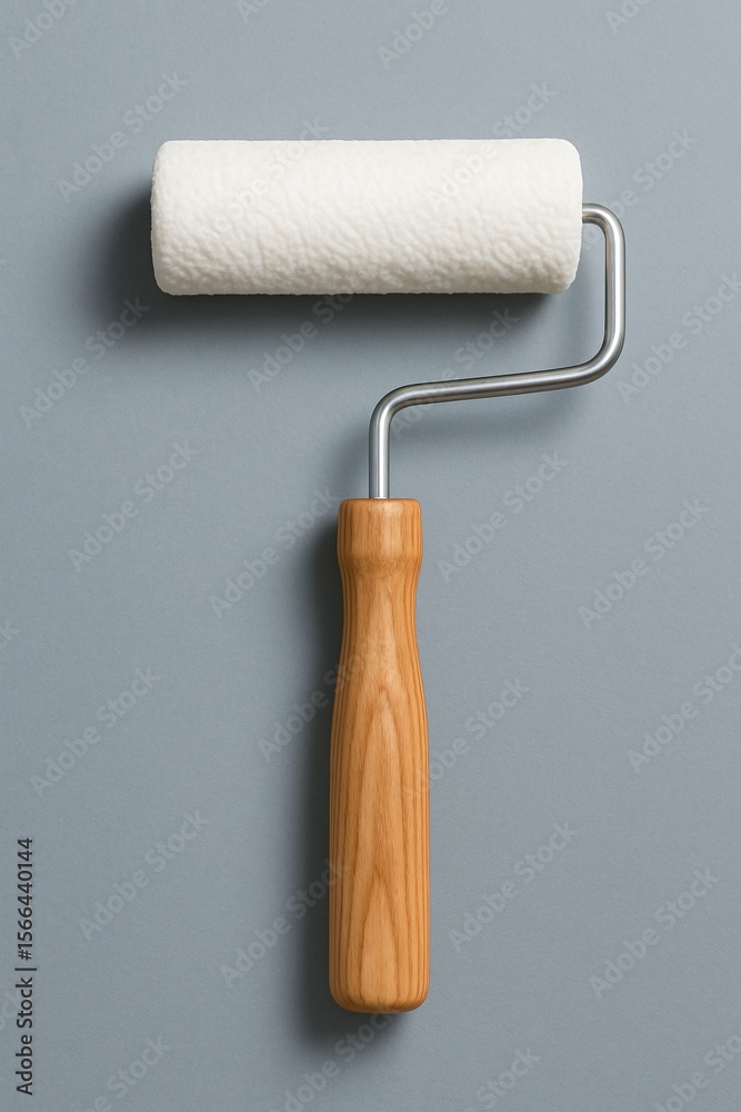 Obraz premium White paint roller with wooden handle on gray wall