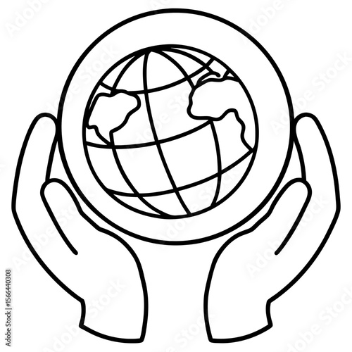 Hands holding world line art vector illustration