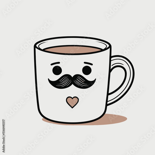 Delightful cartoon white mug adorned with a dapper mustache and a sweet heart, brimming with a cozy warm drink.