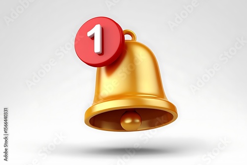 Golden notification bell with red circle and number one for alert message reminder and social media icon design