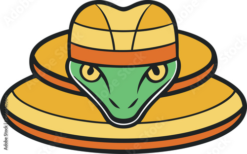 green cobra snake wearing a yellow hat isolated on white background