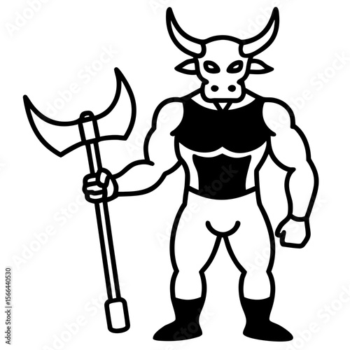 Minotaur with axe line art vector illustration