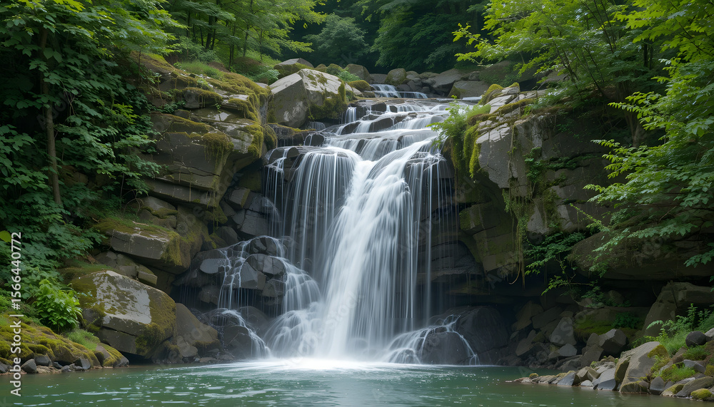 Obraz premium Waterfall Cascading over Moss-Covered Rocks into Calm Pool Surrounded by Lush Forest – Serene Nature Landscape Evoking Tranquility and Flow