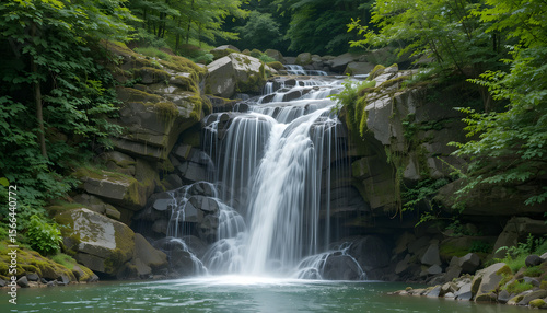 Waterfall Cascading over Moss-Covered Rocks into Calm Pool Surrounded by Lush Forest – Serene Nature Landscape Evoking Tranquility and Flow