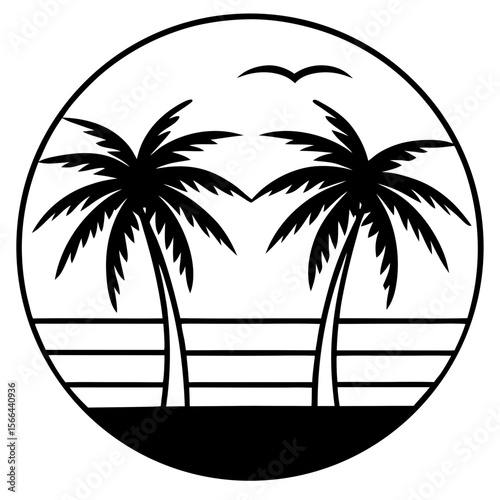Sunset with palm trees  line art vector illustration