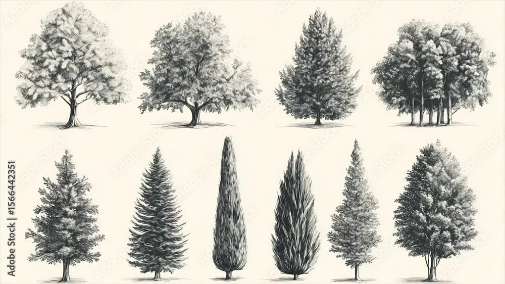 Detailed pencil sketches of various tree types