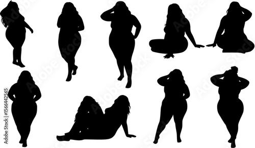 Vector illustration of overweight woman silhouettes. Black and white, differrent poses
