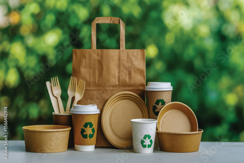 Eco-friendly disposable food items—paper bags, cups, kraft bowls, bamboo utensils—are arranged on white with green bokeh background, emphasizing sustainability and minimalism 