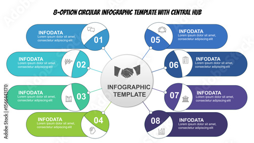 8-Step Circle Infographic with Icons and Central Node Design. 8-Option Circular Infographic Template with Central Hub. Fully editable modern infographic vector elements SVG file compatible with PPT.