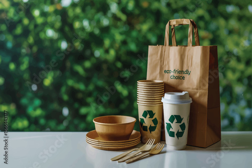 Eco-friendly disposable food items—paper bags, cups, kraft bowls, bamboo utensils—are arranged on white with green bokeh background, emphasizing sustainability and minimalism 
