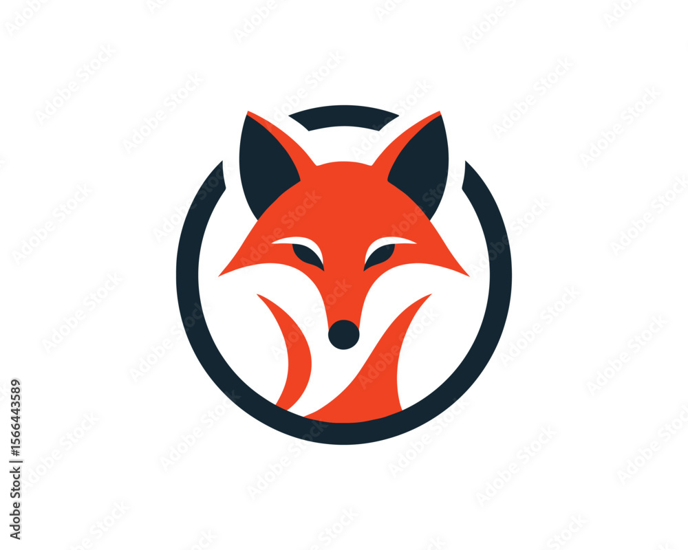 Obraz premium Stylized orange fox face emblem inside a dark blue circle