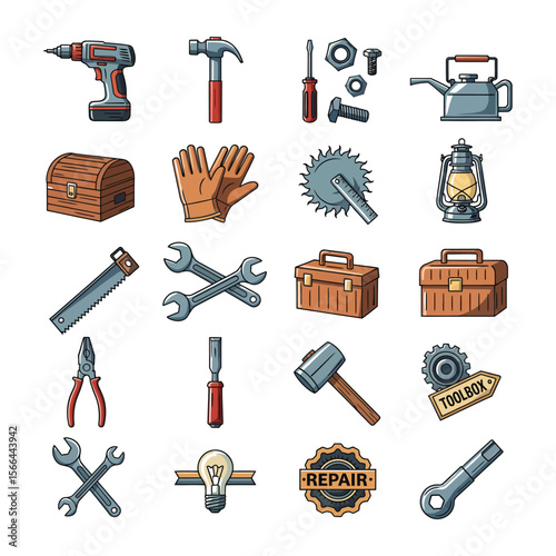 Collection of illustrated tools and repair items including drill hammer toolbox and wrenches