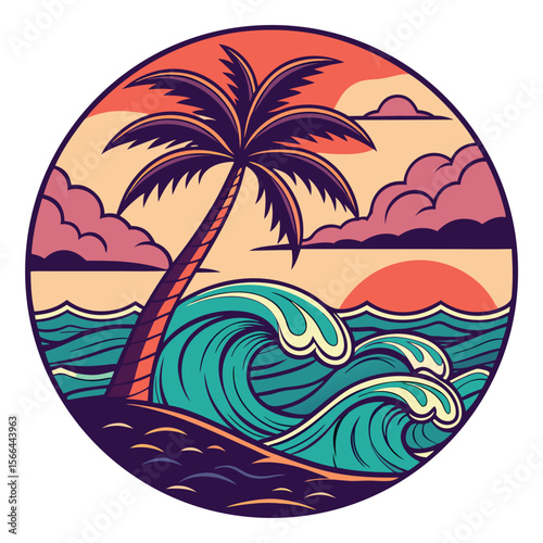 Serene Seaside Emblem: An artistic view of a coastal paradise. Featuring a palm tree, waves, and sun. Ideal for summer-themed projects and vacation concepts. 