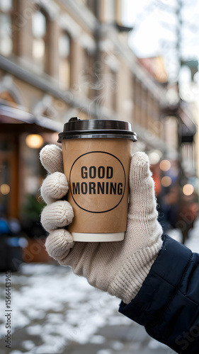 Good morning coffee cup in winter city street scene for a cozy warm beverage break on a cold day